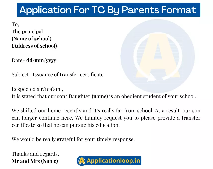 Application For TC By Parents Format